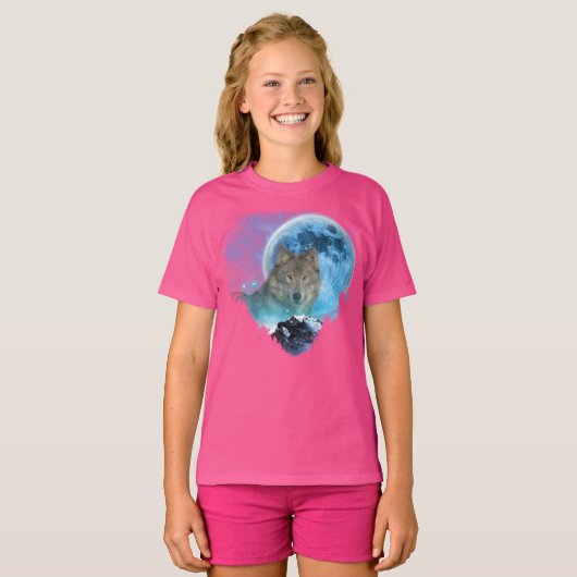 Grau-Holz-Wolf Vollmond-Flucht T-Shirt (Vorne ganz)