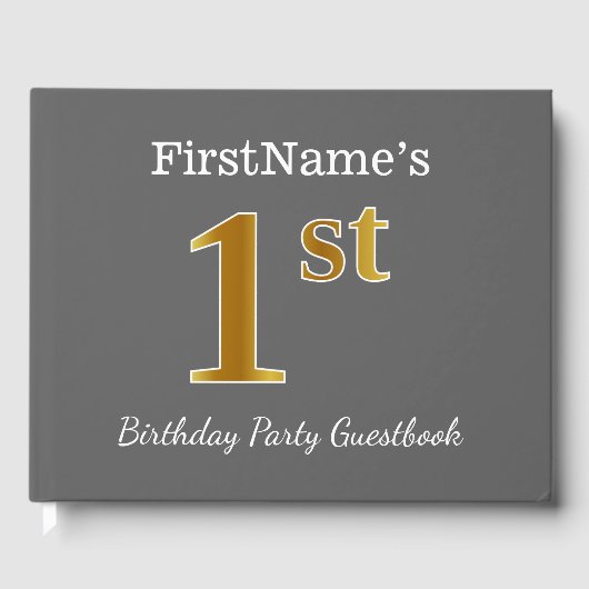 Grau, Imitate Gold 1. Geburtstag Party + Individue Gästebuch (Vorderseite)