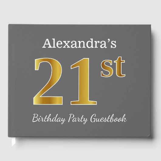 Grau, Imitate Gold 21. Geburtstag Party + Individu Gästebuch (Vorderseite)