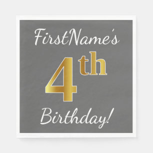 Grau, Imitate Gold 4. Geburtstag + Individuelle Na Serviette