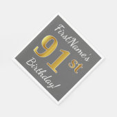 Grau, Imitate Gold 91. Geburtstag + Individuelle N Serviette (Ecke)