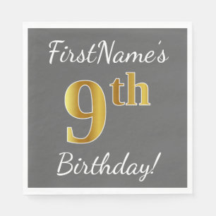 Grau, Imitate Gold 9. Geburtstag + Individuelle Na Serviette