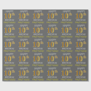 Grau, Imitate Gold "HAPPY 10 th BIRTHDAY" Geschenkpapier