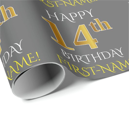 Grau, Imitate Gold "HAPPY 14. BIRTHDAY" Geschenkpapier (Rolleneckpunkt)
