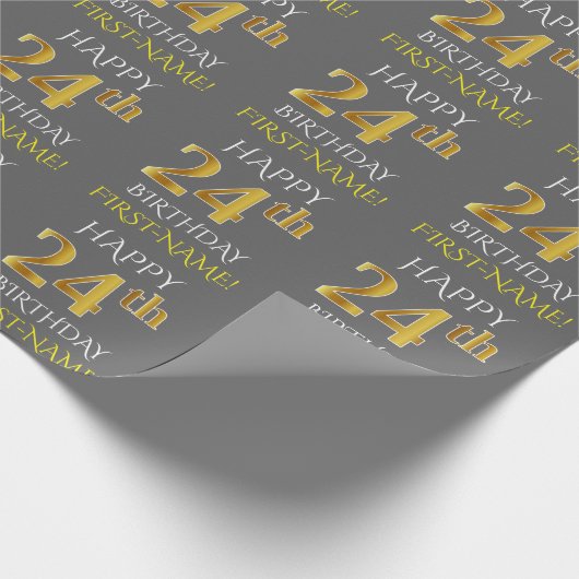 Grau, Imitate Gold "HAPPY 24. BIRTHDAY" Geschenkpapier (Ecke)
