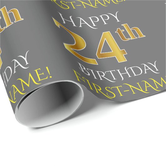 Grau, Imitate Gold "HAPPY 24. BIRTHDAY" Geschenkpapier (Rolleneckpunkt)