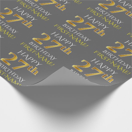 Grau, Imitate Gold "HAPPY 27. BIRTHDAY" Geschenkpapier (Ecke)