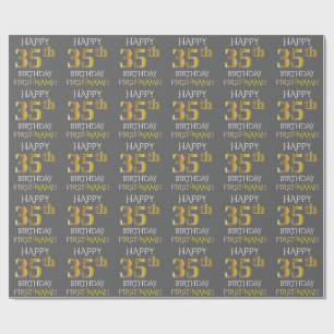 Grau, Imitate Gold "HAPPY 35. BIRTHDAY" Geschenkpapier