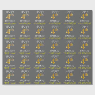 Grau, Imitate Gold "HAPPY 4th BIRTHDAY" Geschenkpapier