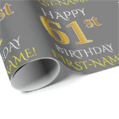 Grau, Imitate Gold "HAPPY 61. BIRTHDAY" Geschenkpapier (Rolleneckpunkt)