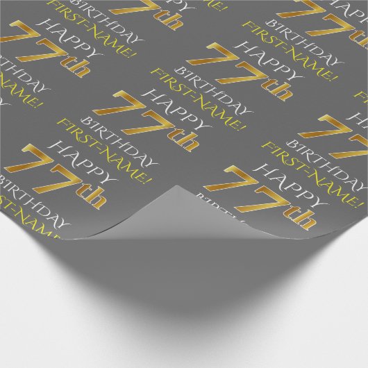 Grau, Imitate Gold "HAPPY 77. BIRTHDAY" Geschenkpapier (Ecke)