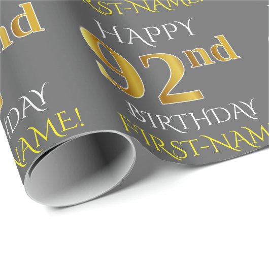Grau, Imitate Gold "HAPPY 92. BIRTHDAY" Geschenkpapier (Rolleneckpunkt)