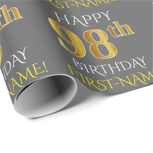 Grau, Imitate Gold "HAPPY 98. BIRTHDAY" Geschenkpapier (Rolleneckpunkt)