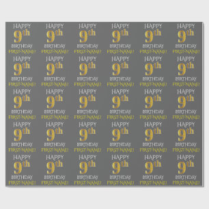 Grau, Imitate Gold "HAPPY 9th BIRTHDAY" Geschenkpapier