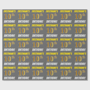 Grau, Imitate/Nachahmungen Gold, "10. GEBURTSTAG" Geschenkpapier