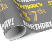 Grau, Imitate/Nachahmungs-Gold, "37. BIRTHDAY" Geschenkpapier (Rolleneckpunkt)
