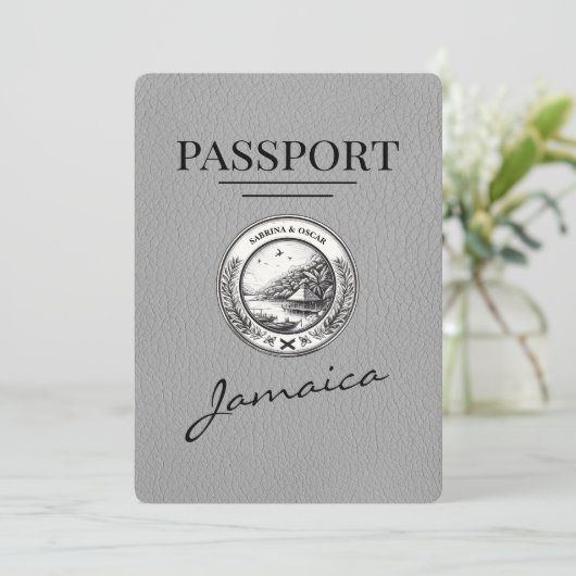 Grau Jamaica Passport Save the Date (Stehend Vorderseite)