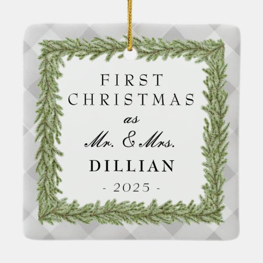 Grau Kariert Gingham Foto 1. Weihnachten Verheirat Keramikornament (Rückseite)