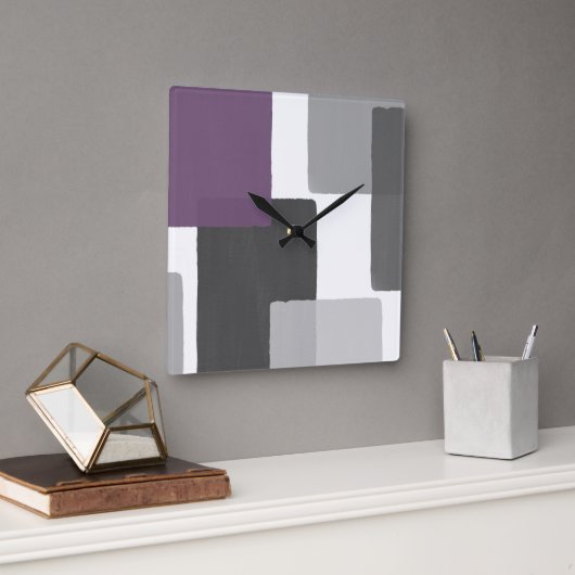 Grau Lila White Geometric Modernes Minimalistisch Quadratische Wanduhr (Büro)