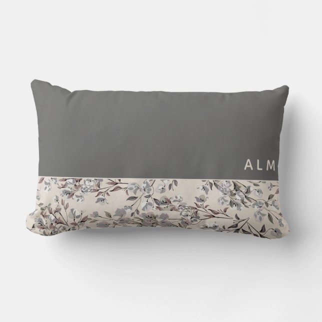 Grau & Linen Beige Floral | Monogramm Lendenkissen (Vorderseite)