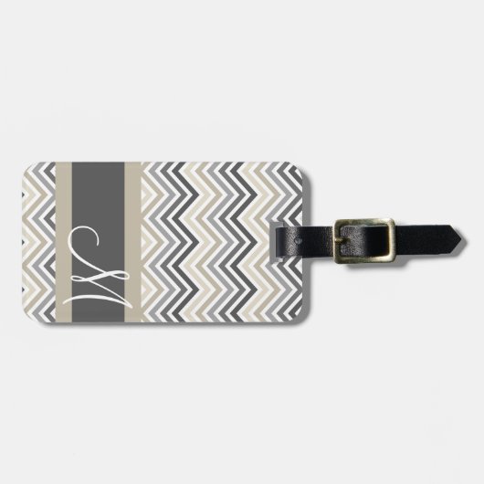 Grau & Linen Beige Zickzack Muster mit Monogramm Gepäckanhänger (Vorderseite horizontal)
