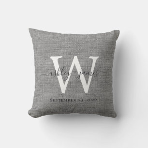 Grau-Linen-White-Monogramm-Hochzeitskeepake Kissen