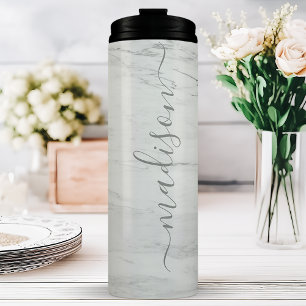 Grau Marmor Chic Stylische Signatur-Schrift Name Thermosbecher