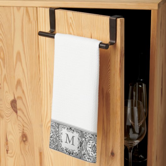 Grau mediterrane Tile Personal Custom Monogram Geschirrtuch (Drittel gefaltet)