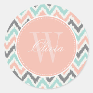 Grau-Minte Peach Zigzag Ikat Muster Monogram Runder Aufkleber