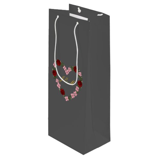 grau mit Blumenkrone Geschenktüte Für Weinflaschen (Vorderseite Schrägansicht)