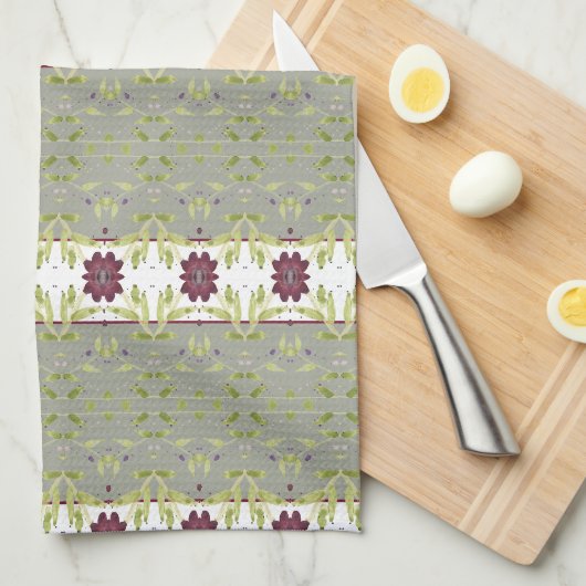 Grau mit Burgundy florale Küche Handtuch (Viertel Falte)
