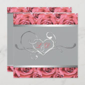 Grau mit Coral Pink Roses Mit Monogramm Einladung (Vorne/Hinten)