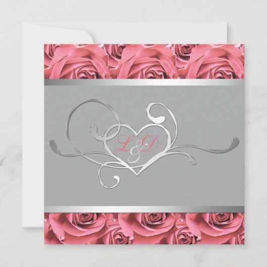 Grau mit Coral Pink Roses Mit Monogramm Einladung (Vorderseite)