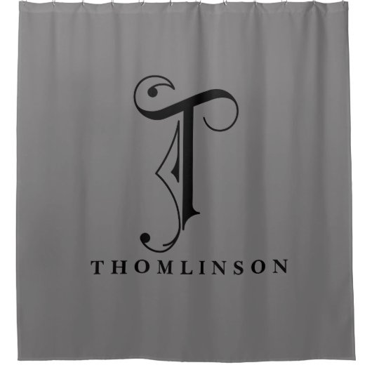 Grau mit elegantem Monogramm T Custom Duschvorhang (Vorderseite)