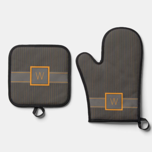 Grau mit Orange Pinstripes Ofenhandschuh & Topflappen-Set (Vorderseite)