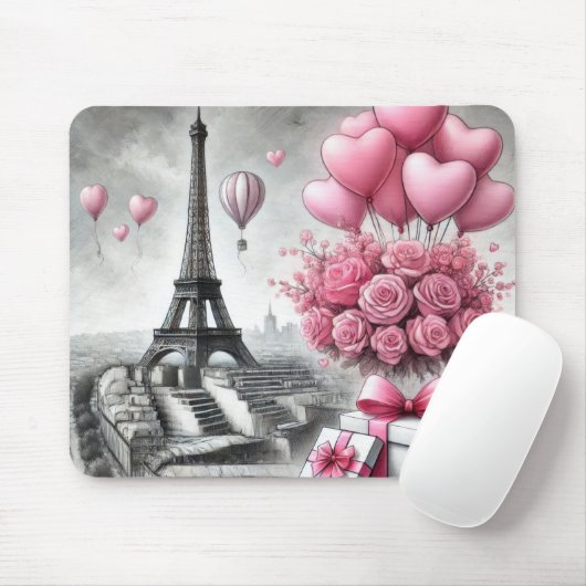 GRAU MIT PINK PARIS VALENTINSTAG BLUME MOUSEPAD (Mit Mouse)