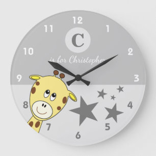 Grau mit süßem Giraffenstern-Babynamen Große Wanduhr