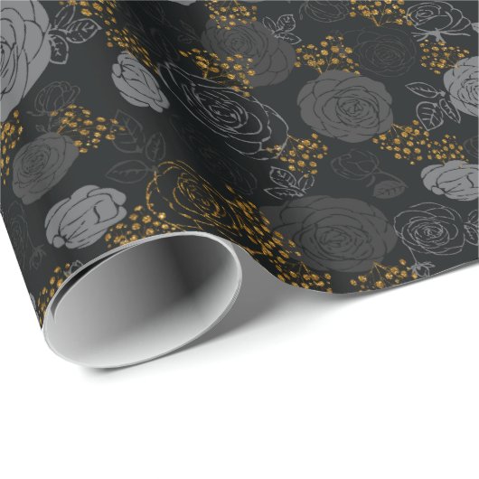 Grau | Moderne und elegante Imitate Glitzer Floren Geschenkpapier (Rolleneckpunkt)