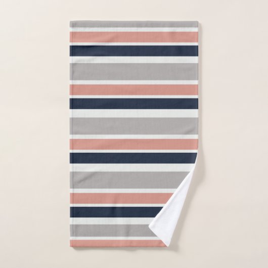 Grau Navy Blue Pink Coastal Stripes Muster Badhandtuch Set (Handtuch)