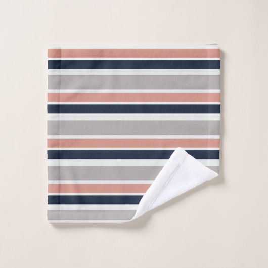 Grau Navy Blue Pink Coastal Stripes Muster Badhandtuch Set (Waschlappen)