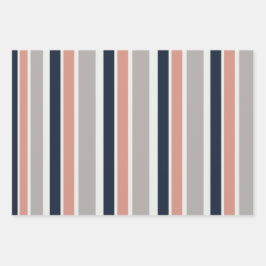 Grau Navy Blue Pink Coastal Stripes Muster Geschenkpapier Set