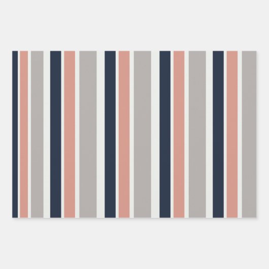 Grau Navy Blue Pink Coastal Stripes Muster Geschenkpapier Set (Vorderseite)