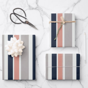 Grau Navy Blue Pink Coastal Stripes Muster Geschenkpapier Set