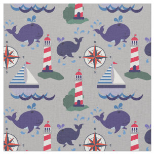 Grau, Navy Blue und Red, Wale   nautisch Stoff