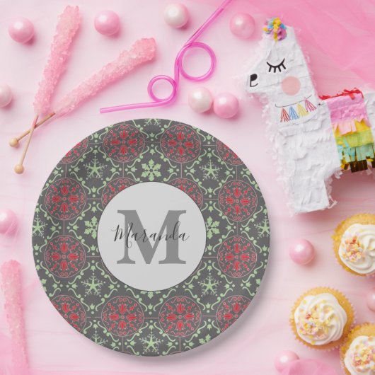 Grau-Nordic Snowflake Winter Monogram Muster Pappteller (Party)