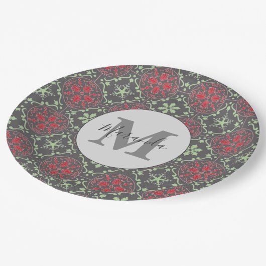 Grau-Nordic Snowflake Winter Monogram Muster Pappteller (Schrägansicht)