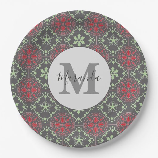 Grau-Nordic Snowflake Winter Monogram Muster Pappteller (Vorderseite)