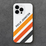 Grau-orange diagonale Retrostreifen weiß Case-Mate iPhone 14 Pro Max Hülle<br><div class="desc">iPhone Gehäuse mit drei diagonalen Streifen in dunkelgrau und zwei Orangetönen auf weißem Hintergrund und Ihrem individuelle Name in einem kühlen,  modernen serifenlosen Schriftart.</div>