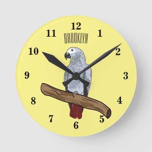 Grau-Papagei-Cartoon Runde Wanduhr (Vorderseite)