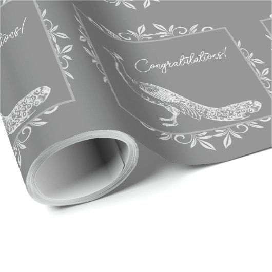 Grau Peacock Blüh Wedding Wrapping Paper Geschenkpapier (Rolleneckpunkt)